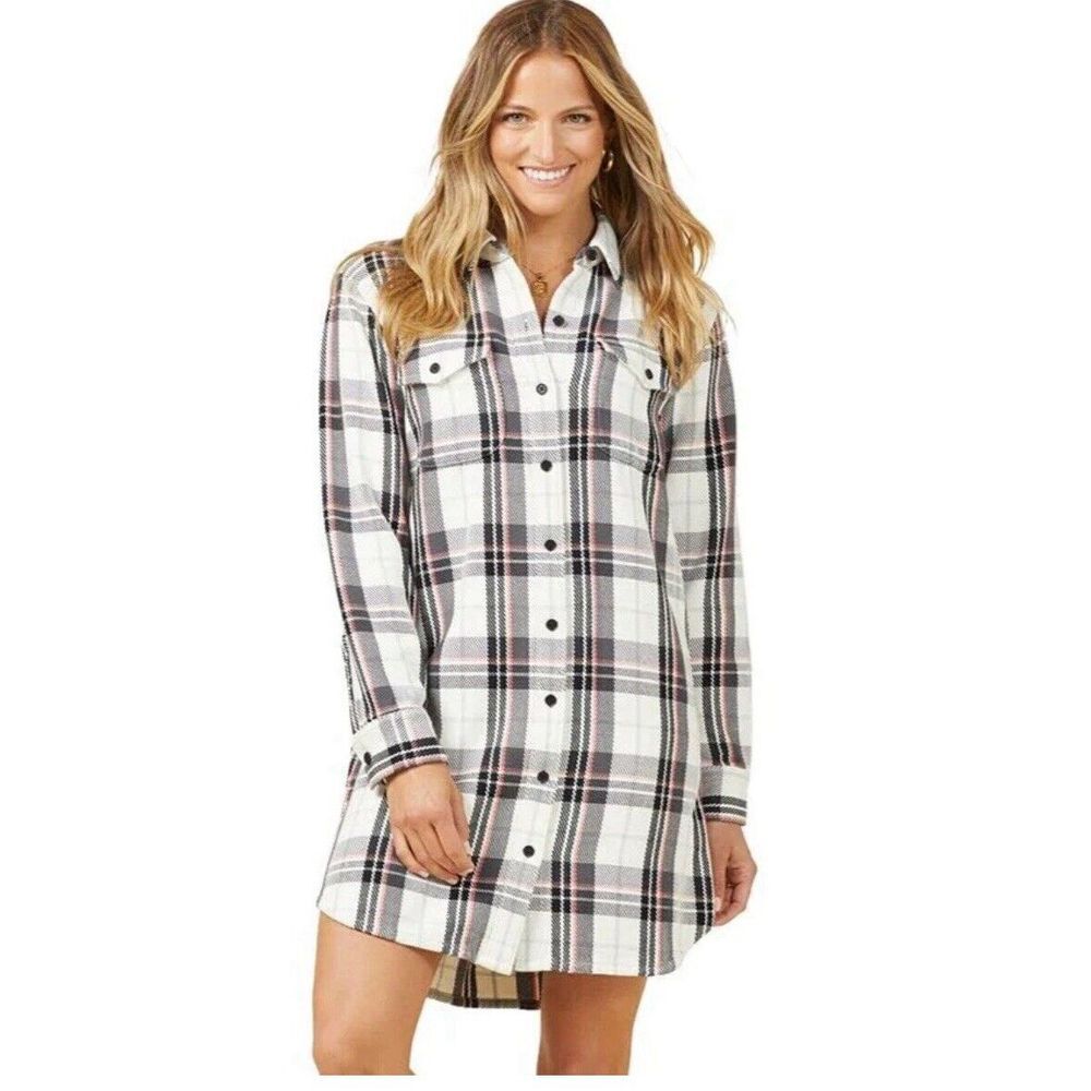 Women's Outerknown Blanket Shirt‎ Dress White Black Plaid Long Sleeve Medium